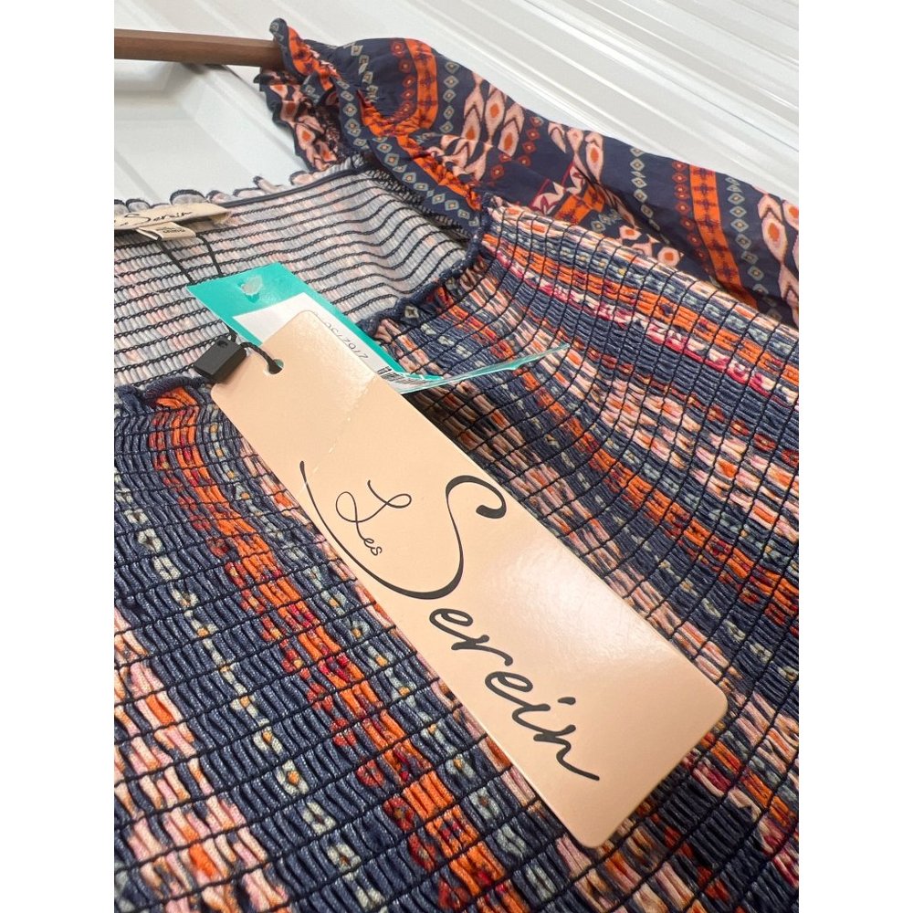Les Serein Bourges Smocked Knit Top Womens 1X Indigo Rayon Blend Boho Hippie NEW - Picture 5 of 11
